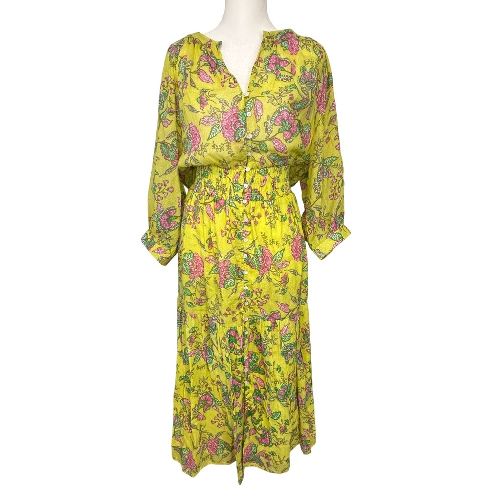 Sundry Floral Tiered Maxi Dress Women 4 Yellow Boho Cotton Cottagecore Smocked
